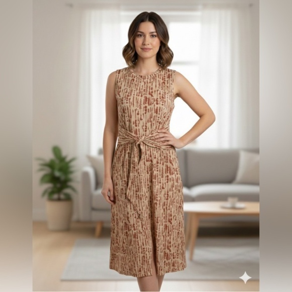 41Hawthorn Women’s Medium Tan Rust Ikat Print Sleeveless Midi Dress With Tie M